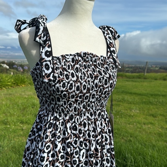 Diane von Furstenberg Target Smocked Tie Strap Neutral Poppy Midi Sundress Dress - Picture 4 of 11